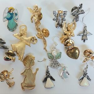 18 Vintage Angel Brooches/Pins + Pendants incl Locket, Birthstone, Christmas